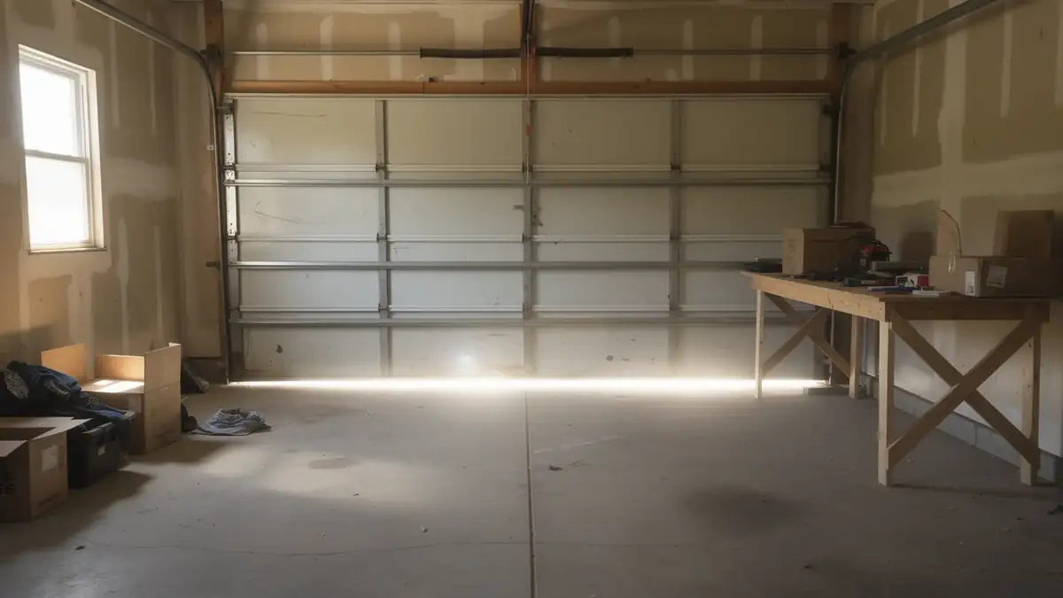 The garage door is closed, with a workbench and boxes inside.