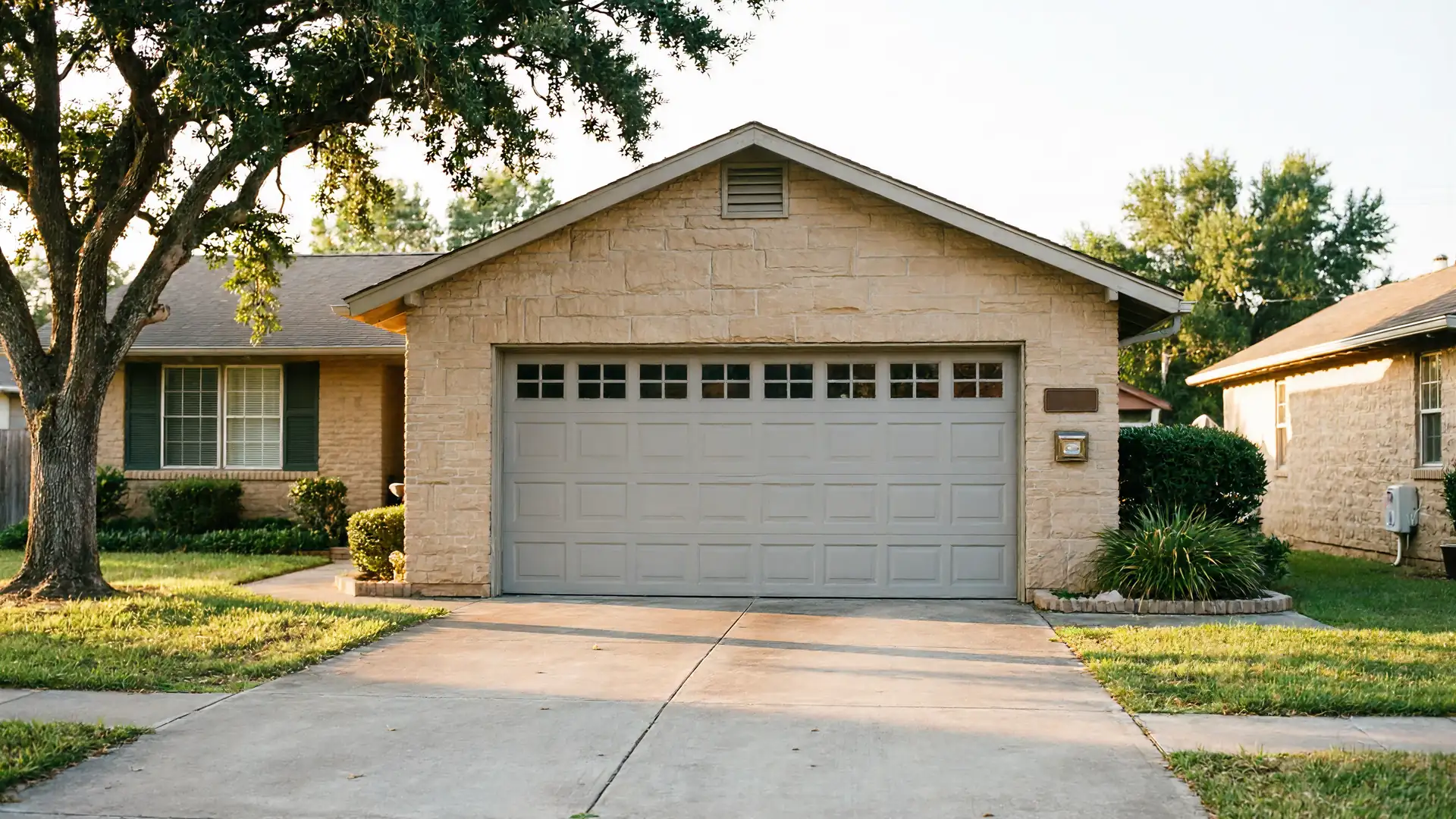The house has a light gray garage door with windows across the top.