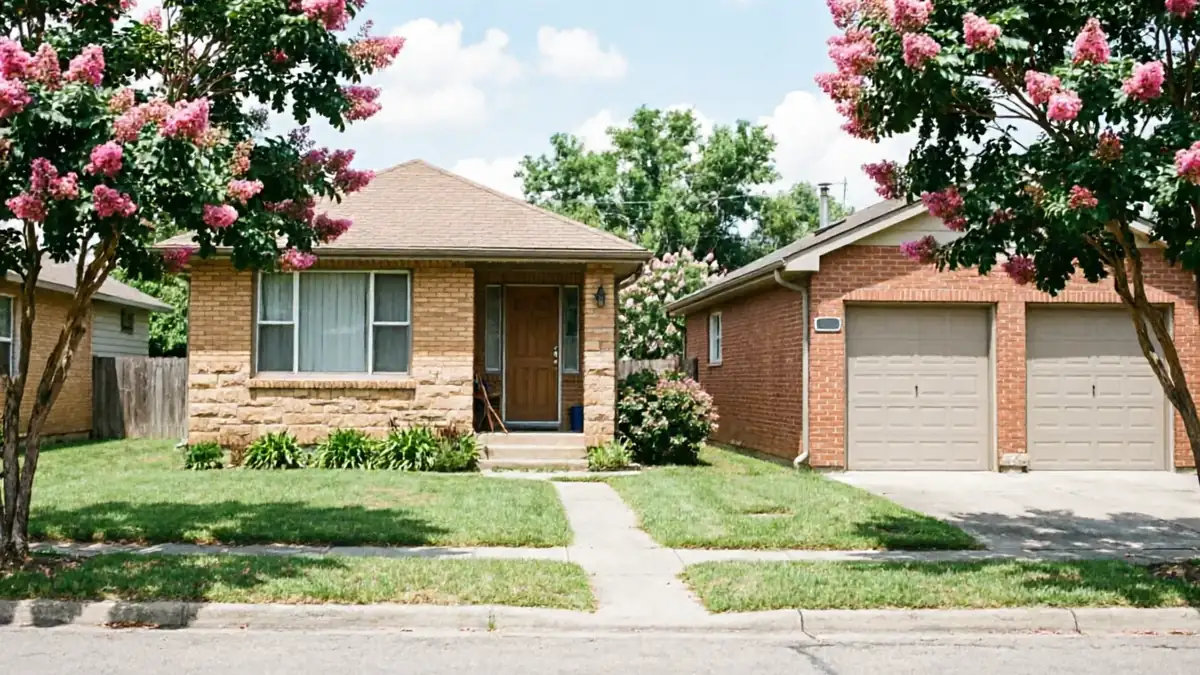 A brick house with a brown front door and a two-car garage.