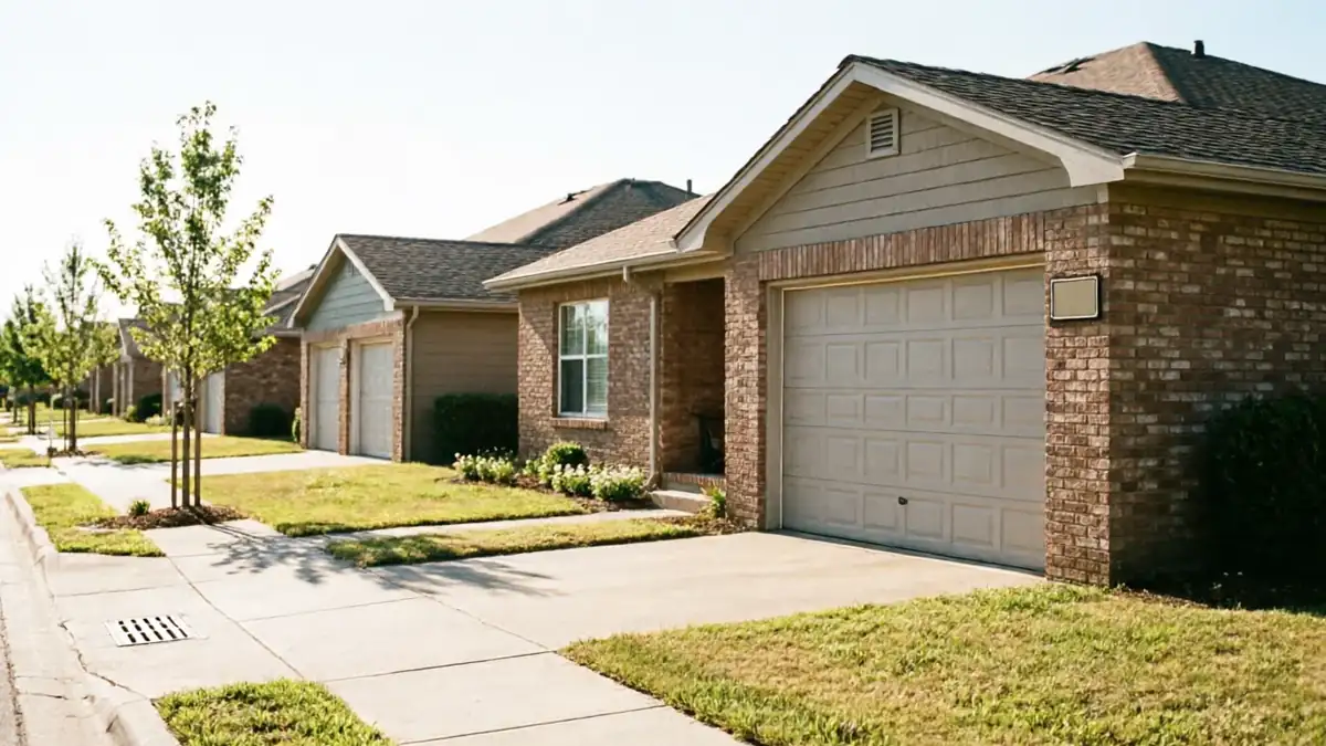 A row of brick and siding houses with light-colored garage doors lines a street.