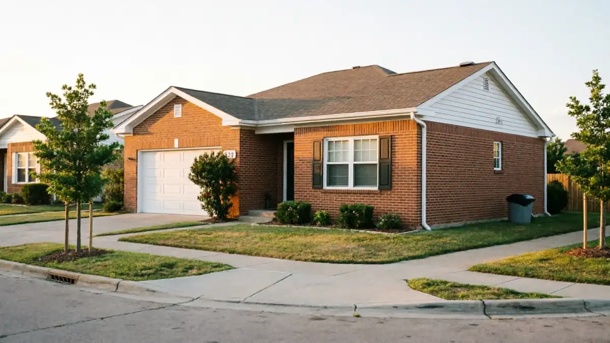 A brick house with a white garage door and dark shutters sits on a corner lot.