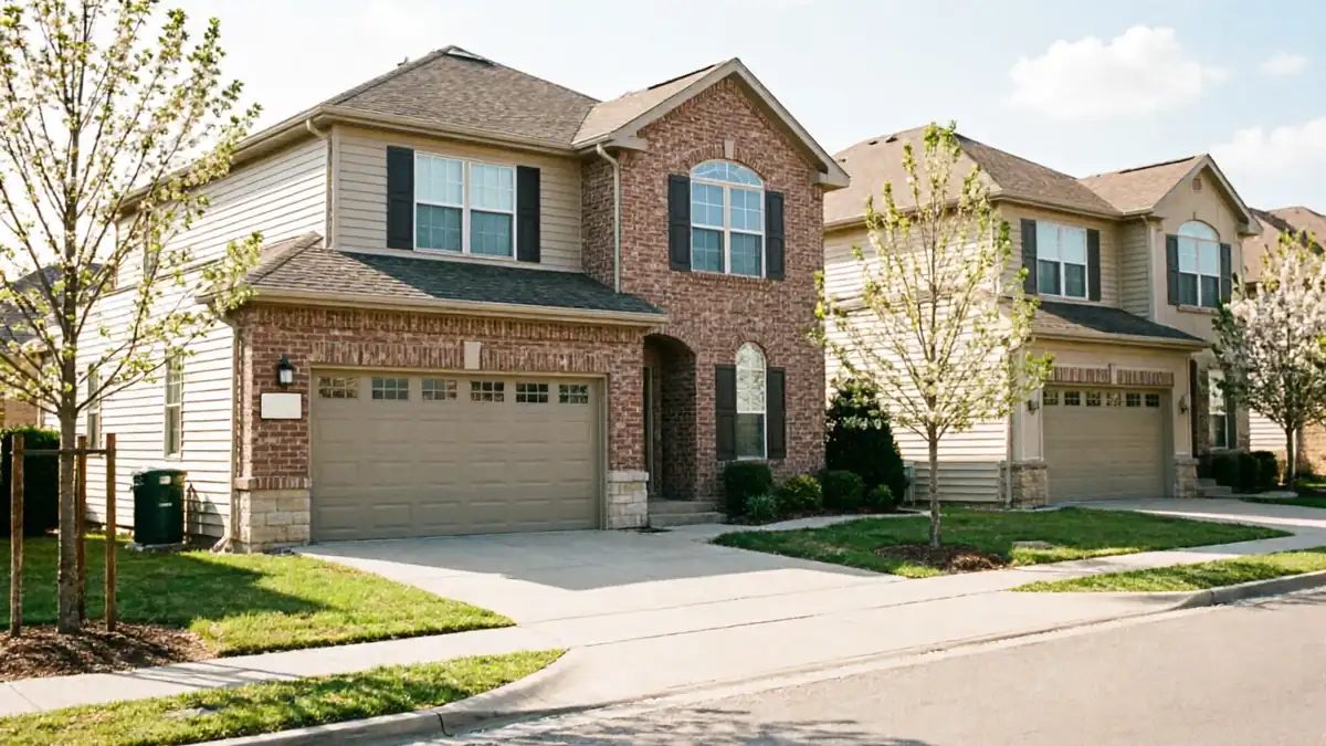 Two suburban houses with attached garages are visible from the street.