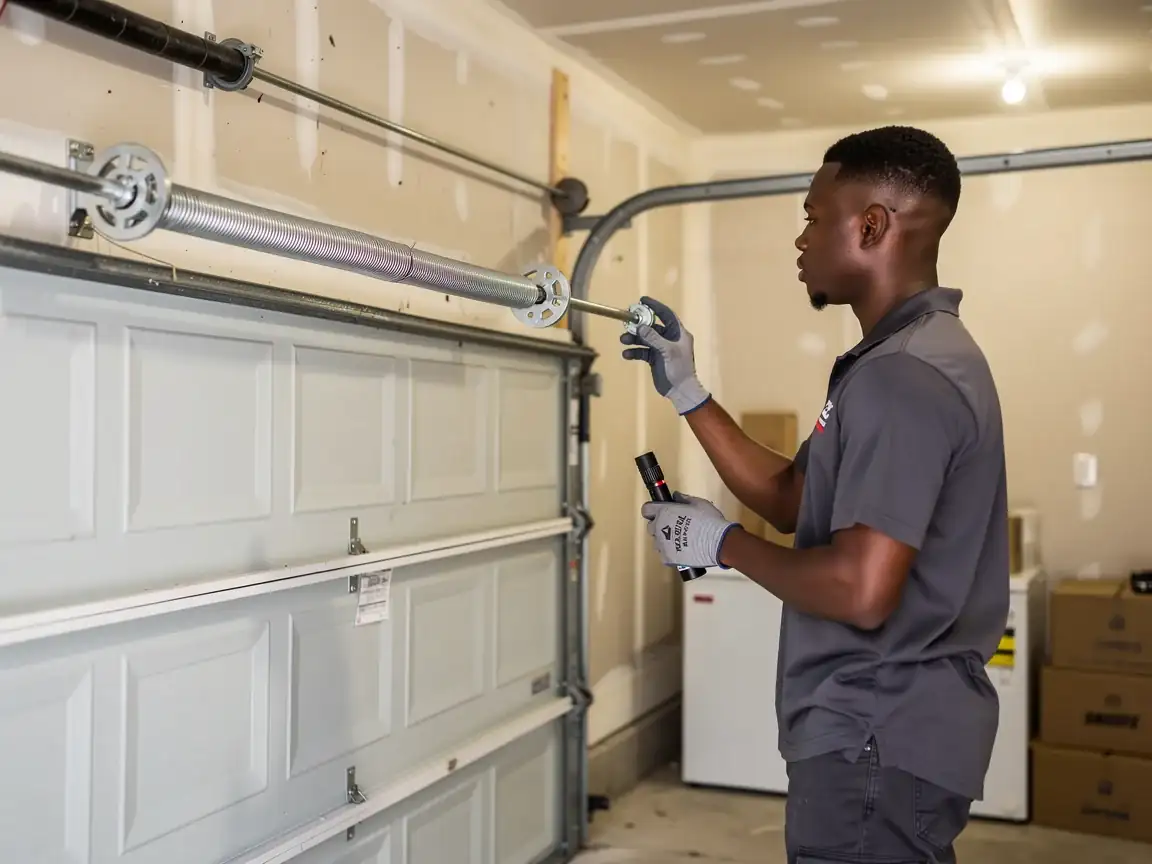 A technician is inspecting a garage door torsion spring and a white garage door.