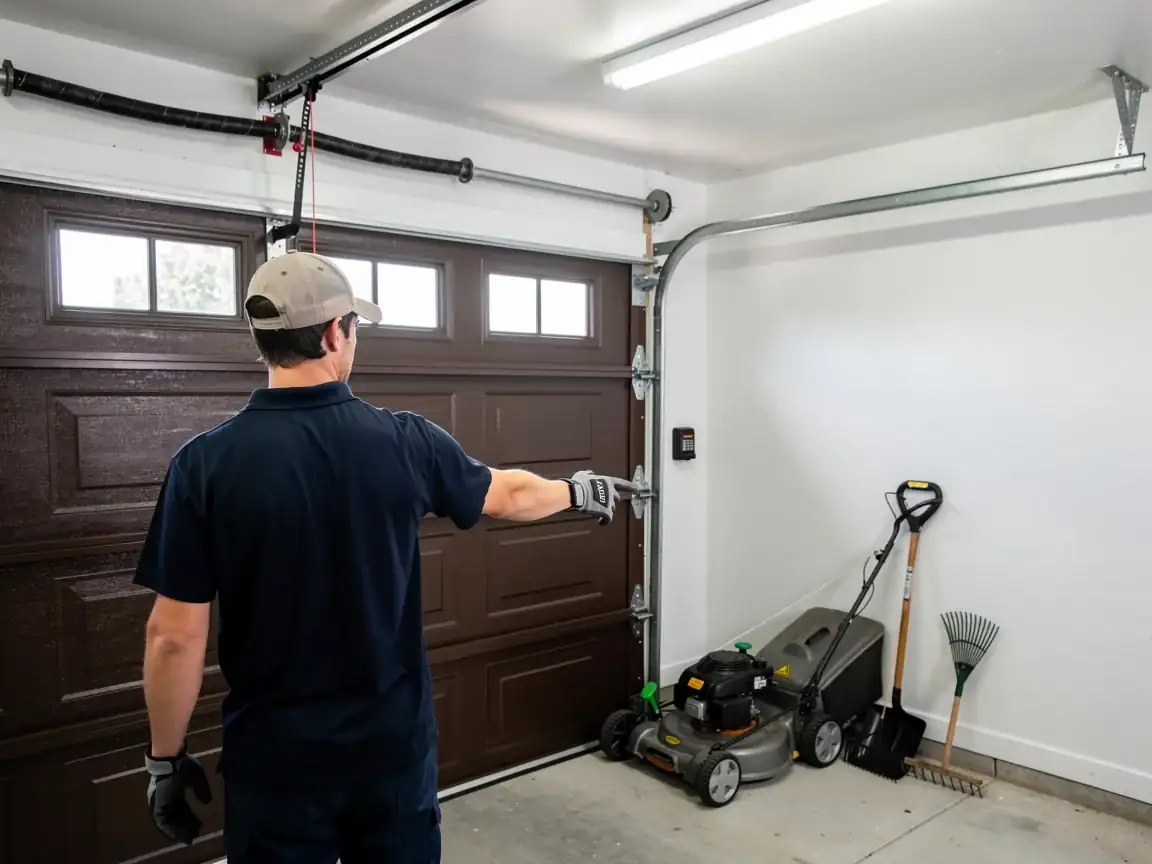 A technician in a cap points at a brown garage door with windows.