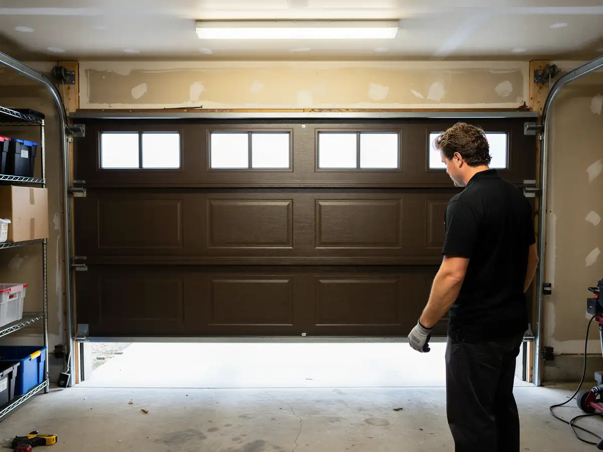 A technician stands in front of a brown garage door that is partially open.