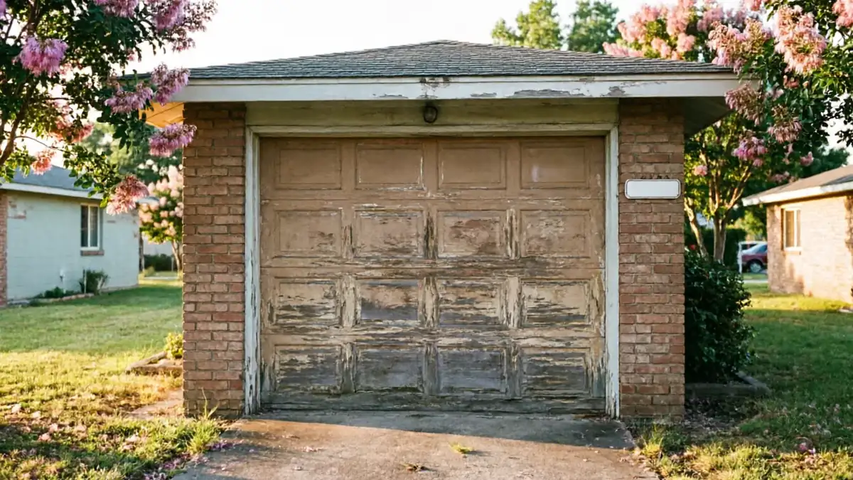 The garage door on a brick garage has peeling paint and a small light above it.