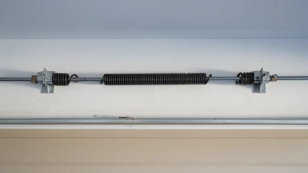 A black torsion spring is mounted on a metal rod above a garage door.